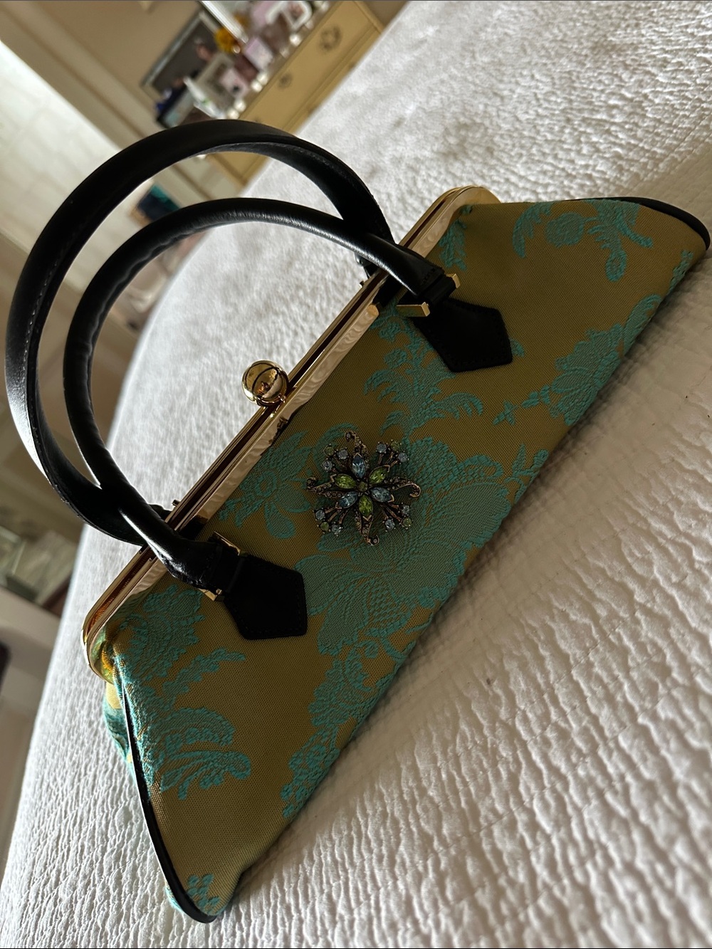 Structured Green Brocade Top-Handle Satchel with Jewel Brooch